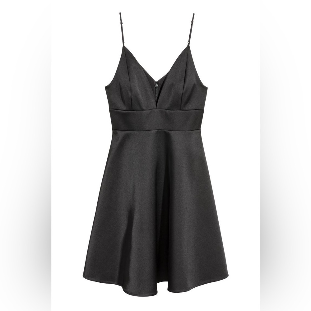 H&M Black Satin Sz 8 Spaghetti Strap Plunge Skater Fit and Flare Mini Dress
